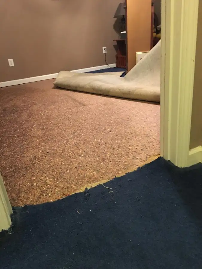 Carpet pad removal revealing water damage during Drying & Dehumidification in Darien